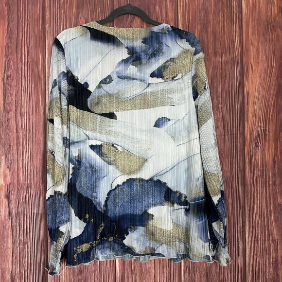 Chico's Foil Ocean Print Crinkle Top Long Sleeve Blue Gold Size 3 / US XL - Picture 3 of 6